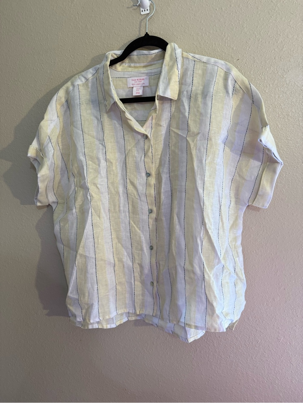 Isaac Mizrahi Striped Short-Sleeve Button-Up Blouse XL 100% Linen white yellow